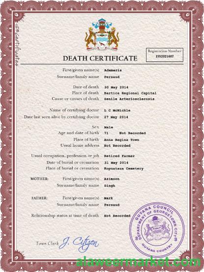 Guyana vital record death certificate PSD template